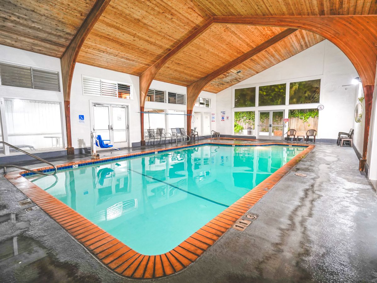 Indoor rectangular swimming pool with blue water, brick coping, wooden vaulted ceiling, wet concrete floor, lounge chairs, and large windows.