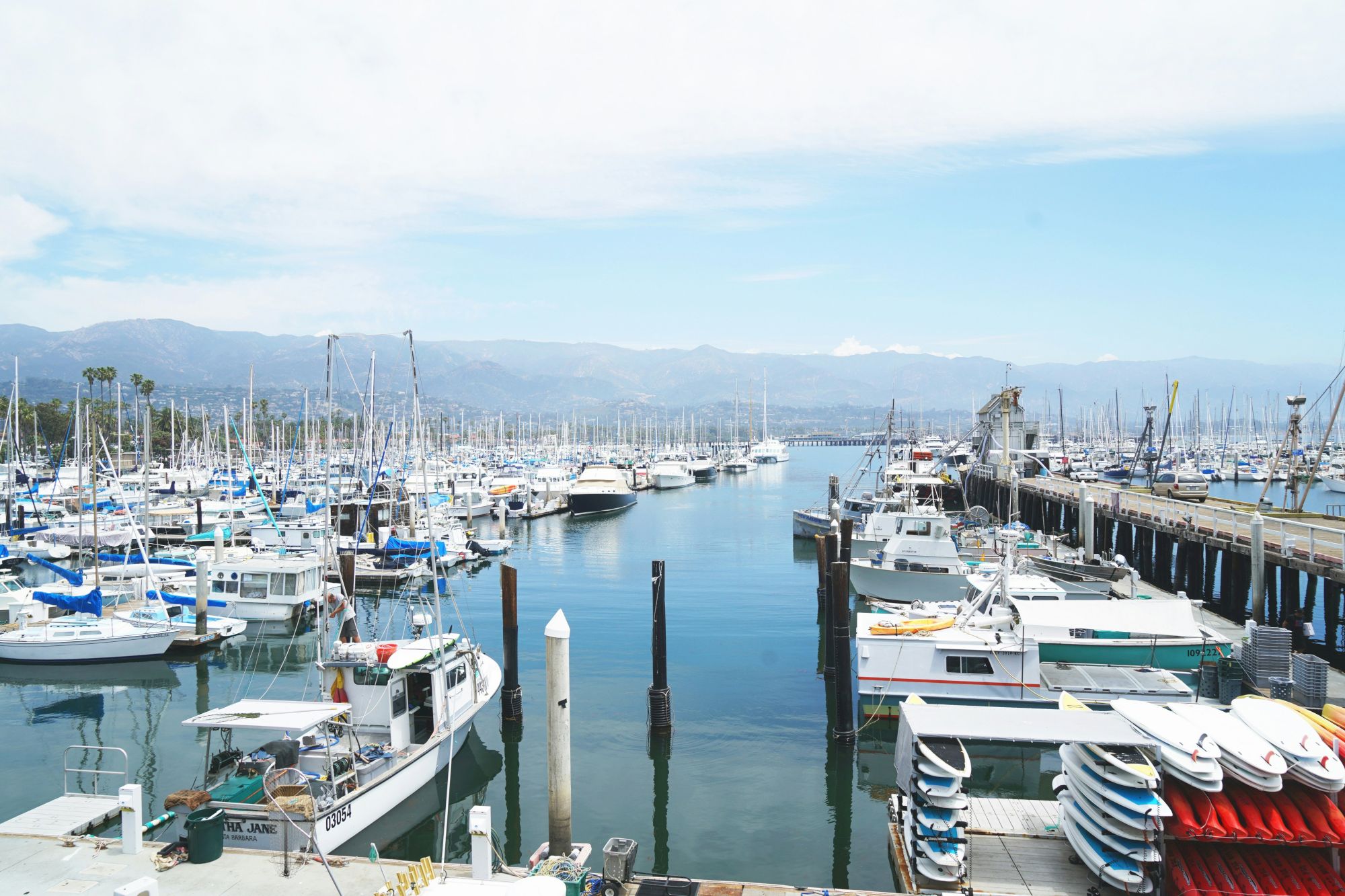 A busy marina filled with numerous boats and yachts docked along calm piers, with clear blue skies and distant mountains, sunny day.